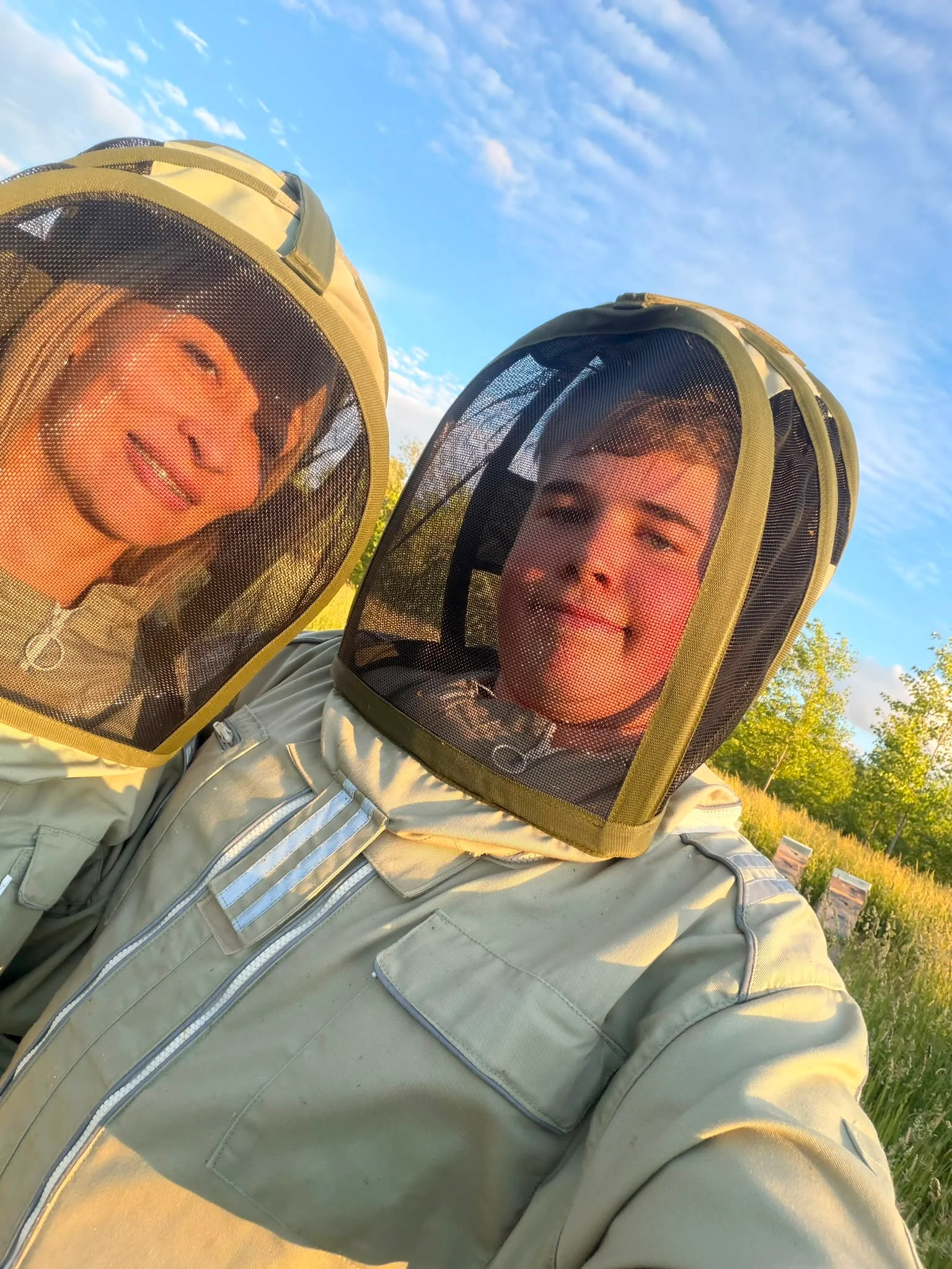 Deux apiculteurs en tenue au rucher, au soleil couchant